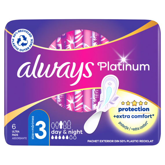 Always Platinum Day & Night Sanitary Pads with Wings, 6 pcs.