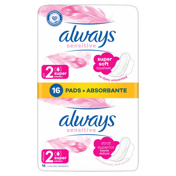 Always Ultra Sensitive Super Plus (size 2) Pads with wings, 16