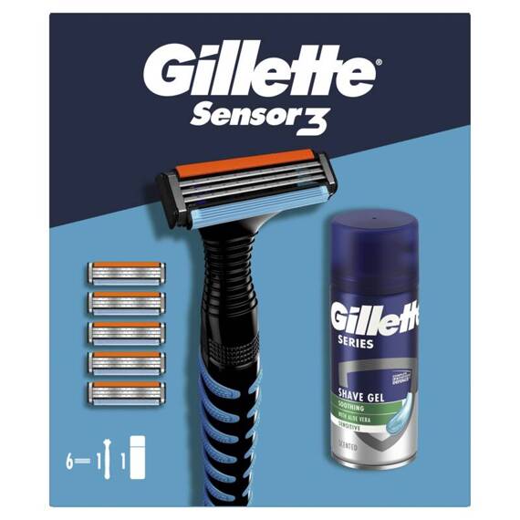 Zestaw kosmetyków do golenia Gillette Maszynka do golenia Sensor3 + 5 zapasowych ostrzy + Żel do golenia 75 ml 