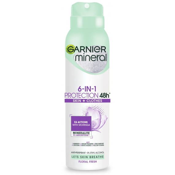 Garnier Mineral Dezodorant spray 6in1 Protection 48h Floral Fresh - Skin+Clothes 150ml