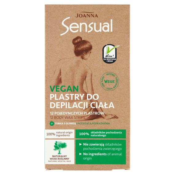 Joanna Sensual Vegan Body Enthaarungsstreifen 12 Stück und eine Tube beruhigendes Olivenöl 10 ml