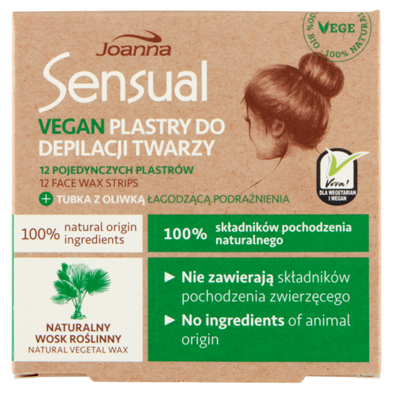 Joanna Sensual Vegan Plastry do depilacji twarzy 12 sztuk + Tubka z oliwką łagodzącą 10 ml