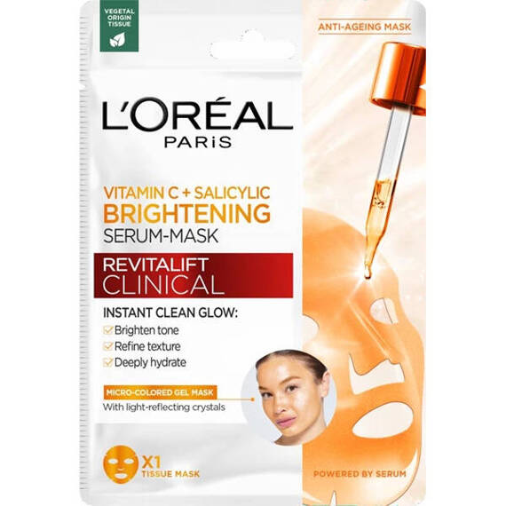 L’Oréal Paris Revitalift Clinical Rozświetlająca Maska-serum w płachcie z witaminą C* i kwasem salicylowym, 26 gr