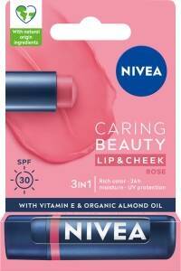 NIVEA Caring Beauty 3in1 Rose Lippen- und Wangenbalsam mit LSF 30, 4,8g