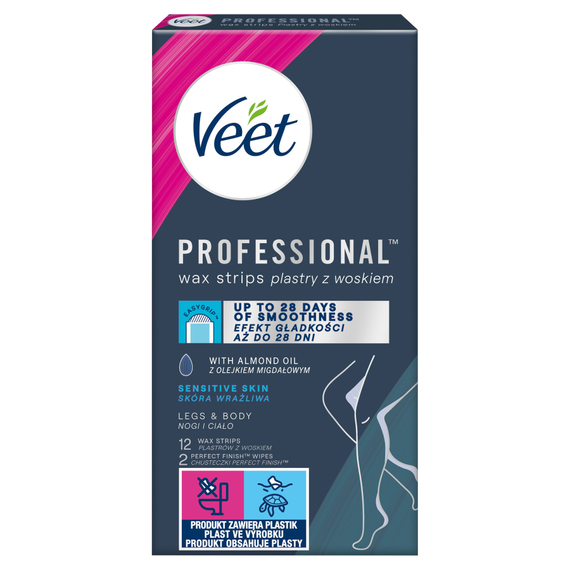 Veet Professional Wachsstreifen für empfindliche Haut, 12 Stück und 2 Tücher