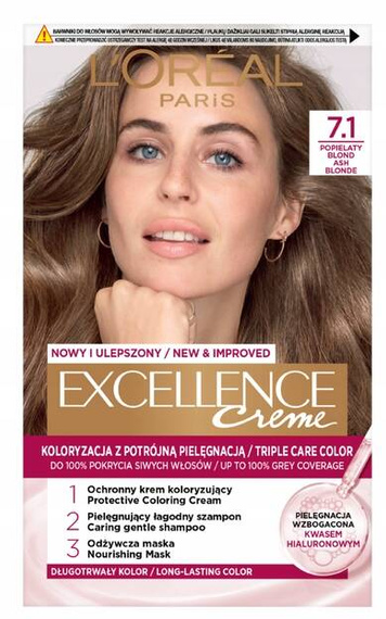 L'Oreal Excellence Creme 7.1 Popielaty Blond - Trwała Koloryzacja