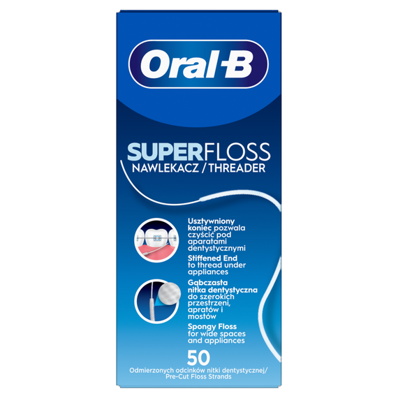 Oral-B Superfloss Nić dentystyczna – usuwa płytkę i kamień – czyści aparaty ortodontyczne – 50 pasm