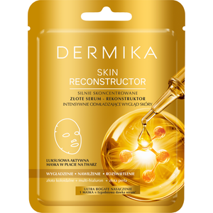 Dermika Skin Reconstructor Sheet Mask, ein goldenes Serum, das das Erscheinungsbild der Haut intensiv verjüngt.