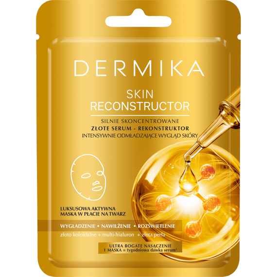 Dermika Skin Reconstructor Sheet Mask, a golden serum that intensively rejuvenates the skin's appearance.