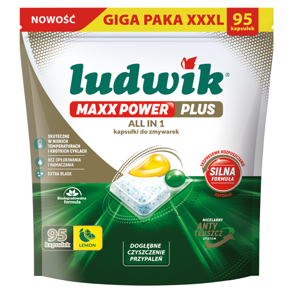 Ludwik Maxx Power Plus All in 1 Lemon Kapsułki do zmywarek 1,52 kg (95 sztuk)