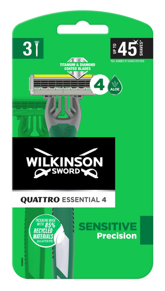 Wilkinson Sword Quattro Essential 4 Sensitive Disposable Razors with 4 Blades 3 Pack