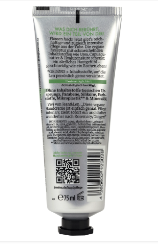 Jean&Len Intensywnie odżywczy krem do rąk wegański Rozmaryn i Imbir 75 ml z Niemiec