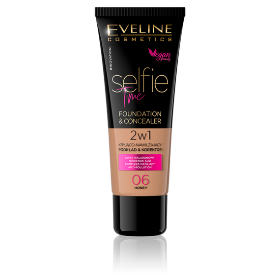 Eveline Cosmetics Selfie Time Abdeckende und feuchtigkeitsspendende Foundation und Concealer 2in1, Nr. 06 Honey