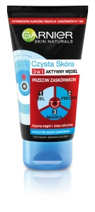 Garnier Czysta Skóra 3 w 1 Żel myjący + peeling + maseczka aktywny węgiel 150 ml