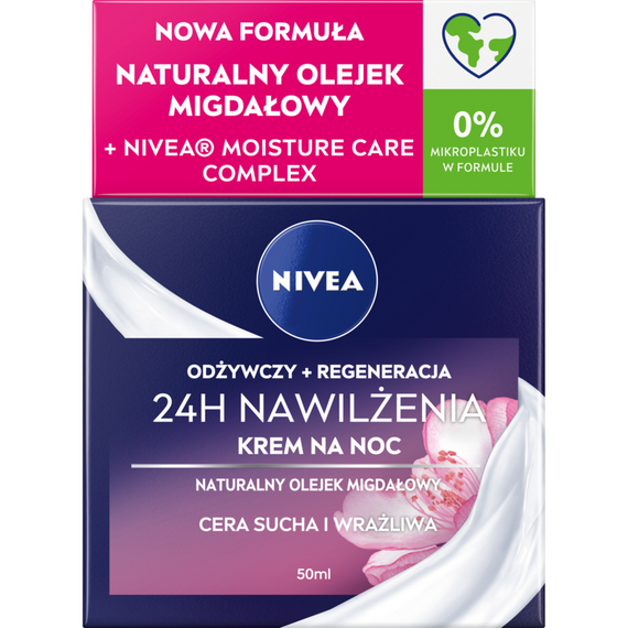 Nivea 24H Feuchtigkeitsspendende, nährende Nachtcreme für trockene und empfindliche Haut, 50 ml