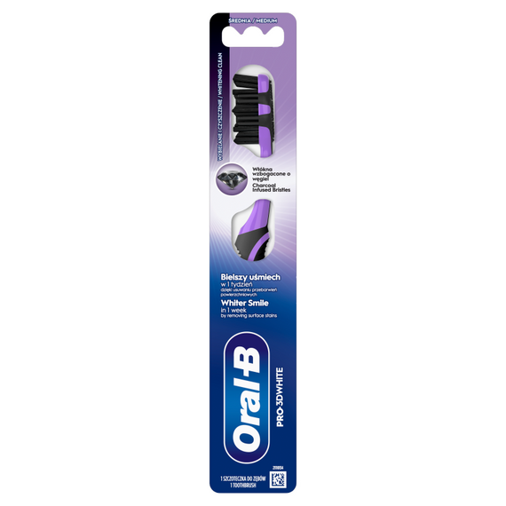 ORAL-B PRO-3DWHITE CHARCOAL Szczoteczka do zębów – dokładne czyszczenie i wybielanie – średnia, 1