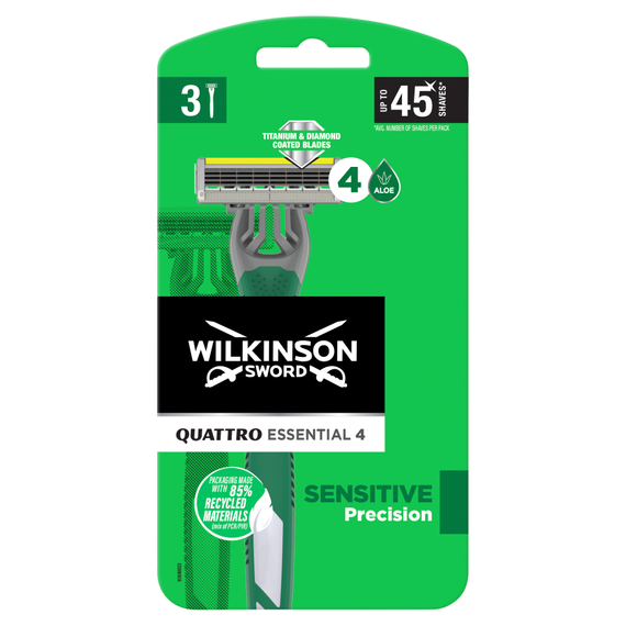 Wilkinson Sword Quattro Essential 4 Sensitive Einwegrasierer mit 4 Klingen, 3 Stück