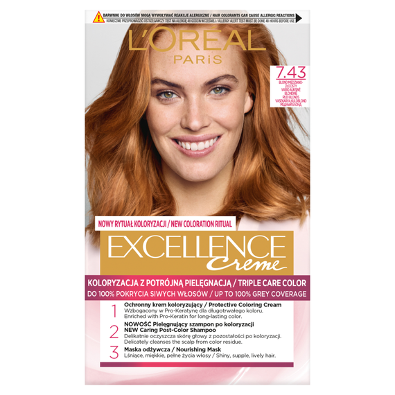 L'Oréal Paris Excellence Creme 7.43 Kupfer-Goldblond | Permanente Farbe + dreifache Pflege