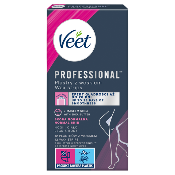 Veet Professional Wachsstreifen für normale Haut, 12 Stück und 2 Tücher