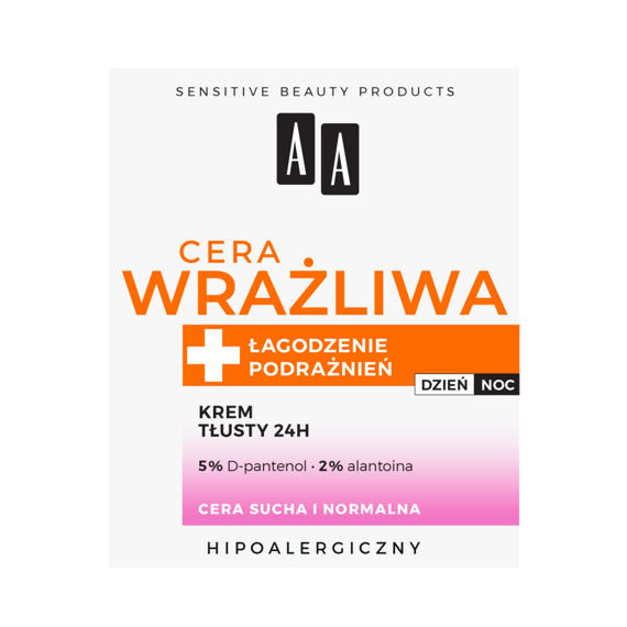 AA Cera Wrażliwa Krem tłusty 24 h do cery suchej i normalnej na dzień i noc  50 ml