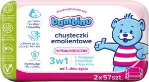 BAMBINO 3w1 Chusteczki emolientowe hipoalergiczne dla niemowląt dzieci 57x2